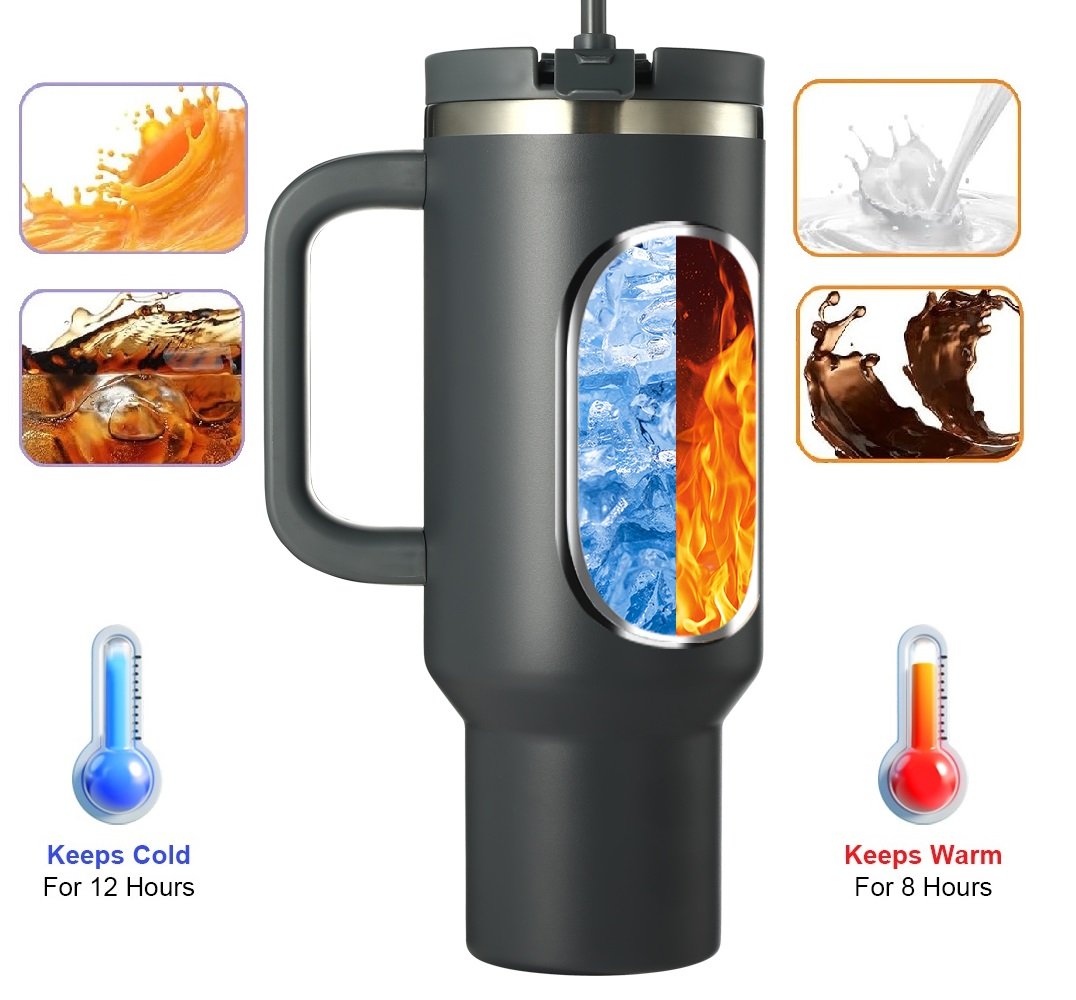 Stainless Steel Insulated Tumbler with Handle Lid and Straw, 40oz Keeps Drinks Cold for 12 Hours or hot for 8 Hours, Vacuum Insulated Water/Coffee/Tea Bottle for Home/Office/Car/Travel-Gift